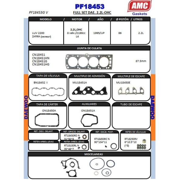 JUEGO EMPAQUETADURA DE MOTOR COMPLETO LUV 2.200cc. CON RETEN VIT