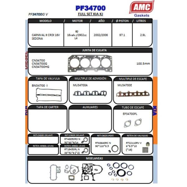 JUEGO DE EMPAQUETADURA DE MOTOR  KIA KJ CARNIVAL II CCOMPLETO CO