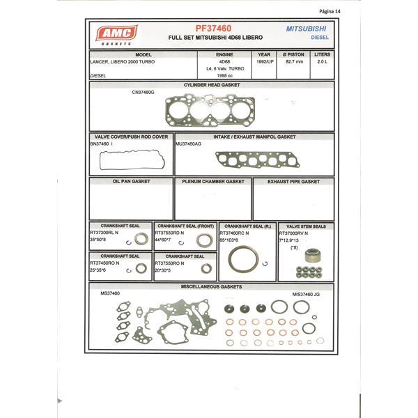 JUEGO DE EMPAQUETADURA DE MOTOR  MITSUBISHI 4D68T COMPLETO CON R