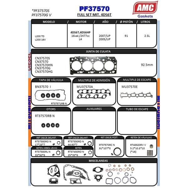 JUEGO DE EMPAQUETADURA DE MOTOR  CON RETENES DE VITON . CULATA G