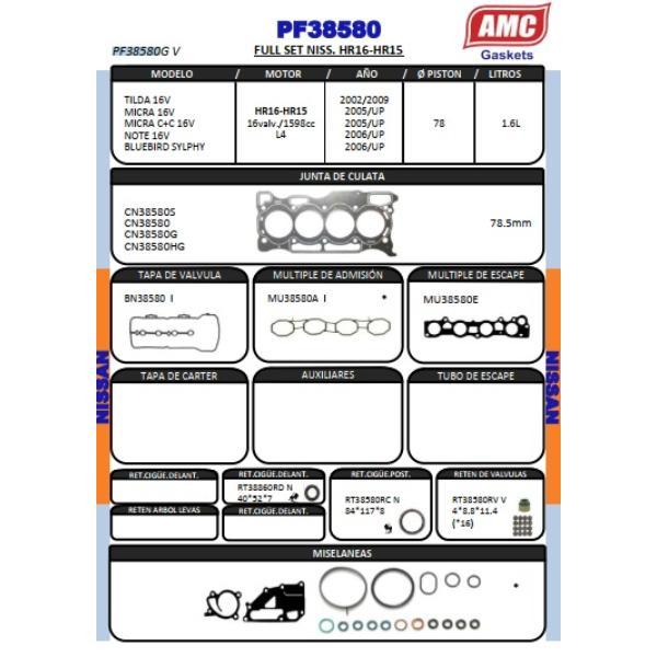 JUEGO EMPAQUETADURA DE MOTOR COMPLETO CON RETENES VITON. CULATA 