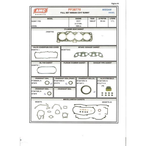 JUEGO DE EMPAQUETADURA DE MOTOR  NISSAN CD-17 COMPLETO CON RETEN