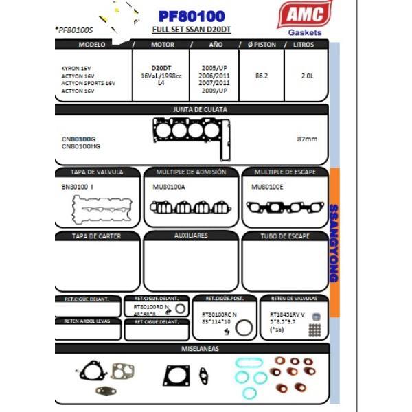 JUEGO DE EMPAQUETADURA DE MOTOR  SSANGYONG ACTYON D20DT COMPLETO